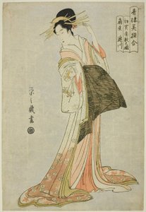 新年第一场拍卖会上的荻屋泷川（Hatsu uri zashiki no zu），选自 "欢乐街区（Seiro bisen awase）美女选比较 "系列 作者 Chobunsai eisi