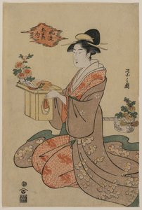 手持菊花装饰木杯架的女子（选自《五节雅集图》系列） 作者 Chobunsai Eishi