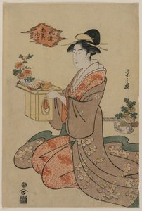 拿着木杯子立场的妇女用菊花装饰，1790年代中期。 作者 Chobunsai eisi