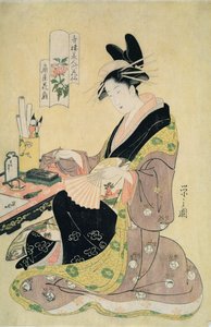 在她的书桌上绘画的女人（彩色木版画） 作者 Chobunsai eisi