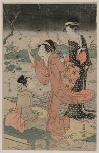 1790年代中期，女性在溪流旁追逐萤火虫。 作者 Chobunsai eisi