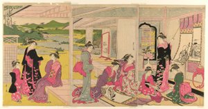 妇女观看福神卷轴画 作者 Chobunsai eisi