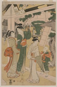 在寺庙范围内参观茶摊的妇女 作者 Chobunsai eisi