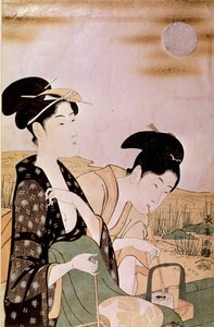 赏月：两个女人在抽烟。Choki Eishosai（活跃于18世纪末至19世纪初）的版画作品