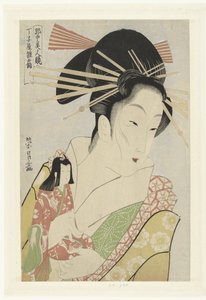 来自 Chojiya 家的 Courtisane Hinazuru。
Chojiya Hinazuru（物品上的标题）
四方美人的比较（系列名称）
角中美人图》（系列名称，附在实物上） 作者 高见泽（可能）