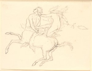 Bacchante 坐在绑着背带的半人马背上。庞贝图案 作者 克里斯汀·科布（ChristenKøbke）