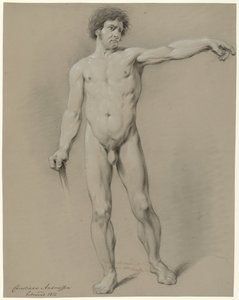 男性裸体站立，从正面看，左臂向左侧伸展