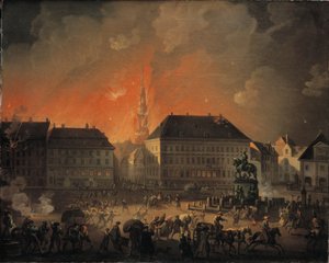 最可怕的夜晚，1807 年 9 月 4 日至 5 日英国轰炸哥本哈根期间哥本哈根 Kongens Nytorv 夜景 作者 克里斯蒂安·奥古斯特·洛伦岑