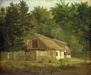1828年哥本哈根附近的Frederiksdal森林中的一所房子（卡在纸上的油）