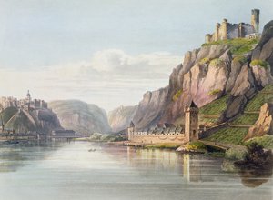 St. Goarshausen，St。Goar和Rheinfels，由T. Sutherland雕刻，来自“沿莱茵河的风景如画之旅，从Mentz到科隆”，由伦敦R. Ackermann出版，1819年