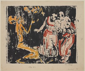死亡作为变戏法者（革命）（Tod als Jongleur [Revolution]），1918-19（在重型编织纸上用黄色，红色和黑色的彩色木刻） 作者 克里斯蒂安·罗夫斯