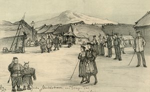 中国青岛的市场，1898年。 作者 克里斯蒂安·威廉·艾尔斯