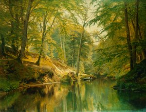 树木繁茂的河流景观，船上的人物，1893年 作者 克里斯蒂安·扎乔（Christian Zacho）