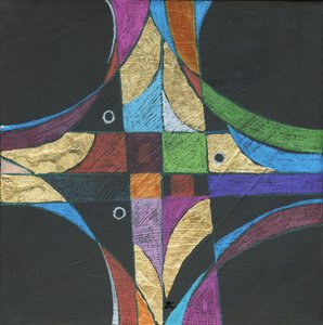 十字架的标志，约 2013 年（丙烯酸、彩色铅笔和金箔镶板） 作者 克里斯蒂娜·萨吉