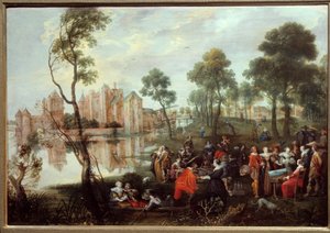 在 Gallant Scene 公园享用小吃。 Christophe Van der Lamen (1606-1651) 的绘画 作者 克里斯托夫·雅各布斯·范·德·拉曼