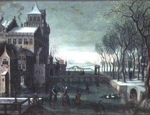冬日风景，人物在有护城河的城堡旁滑行 作者 Christoffel van den (circle of) Berghe