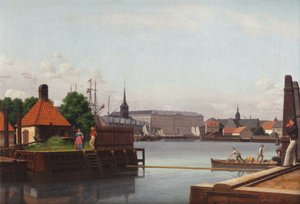 丹麦文：Børsen, Christiansborg, Holmens Kirke, set fra Asiatisk Kompagnis Plads 从亚洲公司遗址看到的交易所、克里斯蒂安堡和霍尔门教堂。 作者 克里斯托弗·威廉·埃克斯伯格
