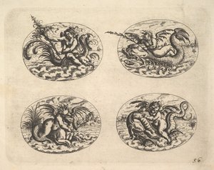 四个椭圆的精灵，来自《新格罗特斯肯布赫》的版画，1610年。
