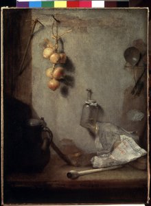"静物 洋葱、灶台和玻璃瓶" 克里斯托弗-保迪斯（1630-1666 年）的画作 1660 年 尺寸：62x46.5 厘米 圣彼得堡冬宫博物馆 作者 克里斯托夫·帕迪斯（Christoph Paudiss）