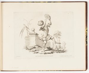 图版 10，Le Tambourour de Basque（《手鼓》），Singeries ou différentes actions de la vie humaine représentées par des singes（《猴子的滑稽行为或猴子表现的人类生活的不同行为》）。 作者 弗朗索瓦·菲利普·夏彭蒂埃