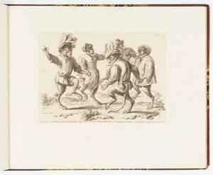 图版 12，Le Branle（《布兰勒》），Singeries ou différentes actions de la vie humaine représentées par des singes（《猴子的滑稽行为或猴子表现的人类生活的不同行为》）。 作者 弗朗索瓦·菲利普·夏彭蒂埃