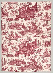带有 "Les plaisirs de la ferme "设计的铜版印刷棉条，1785-1790。