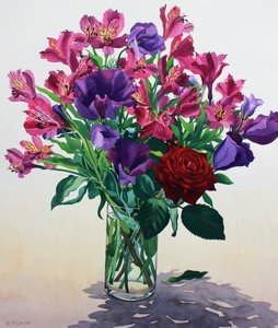鲜花与红玫瑰（纸上水彩） 作者 克里斯托弗·莱兰