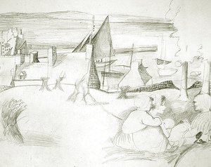 布列塔尼渔村，约1929-30（纸上铅笔）。 作者 克里斯托弗·伍德