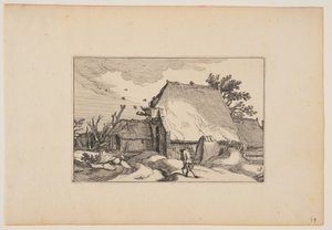 一个农场，一个人拿着两个水桶走在前面的小路上，选自 Landscapes (Verscheyden aerdige Lanthuysen...)