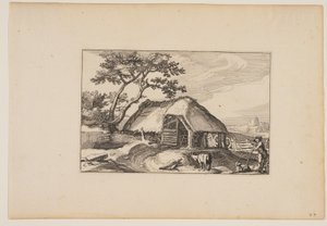 谷仓，牛群在右前方的木棍上休息，选自 Landscapes (Verscheyden aerdige Lanthuysen...)