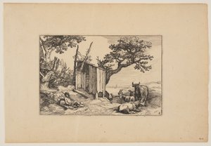 带牛群的破旧谷仓，选自 Landscapes (Verscheyden aerdige Lanthuysen...)