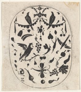 带有鸟类，昆虫和水果的椭圆形黑版印刷，ca。 1620。