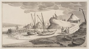 瞭望塔附近的小船，选自风景画 (Playsante Lantschappen)