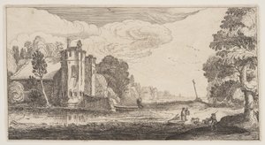有两个六角形塔楼的乡村别墅，选自风景画 (Playsante Lantschappen)