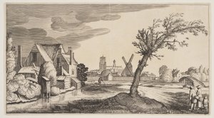 城外池塘边的房子，选自风景画 (Playsante Lantschappen) 作者 克拉斯·扬什·维舍尔二世