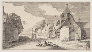 三个农民在村庄的十字路口休息，选自风景画 (Playsante Lantschappen) 作者 克拉斯·扬什·维舍尔二世