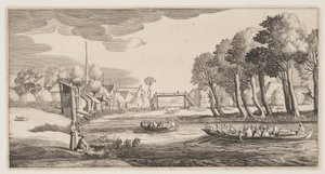 乘坐行船的旅行者正在接近一个村庄，选自 Landscapes (Playsante Lantschappen)
