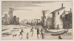 冬天的风景，滑冰者沿着城墙，选自风景 (Playsante Lantschappen) 作者 克拉斯·扬什·维舍尔二世