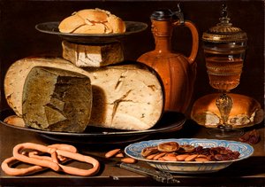 荷兰语：有奶酪、杏仁和椒盐脆饼的静物画 有奶酪、杏仁和椒盐脆饼的静物画