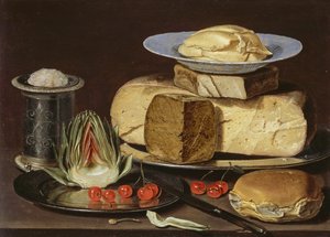 静物奶酪，朝鲜蓟和樱桃，约1625年 作者 夏洛特·埃文斯