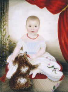 带着摇铃和狗的婴儿，1842年。 作者 克拉丽莎·彼得斯