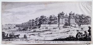 Cours de la Reine Mere 的景色和透视这条步道是由 Marie de Medicis 于 1616 年在巴黎阿尔玛广场附近创建的。 Claude Goyrand (1620-1662) 绘画，17 世纪巴黎，卡纳瓦莱博物馆 作者 克劳德·戈兰德