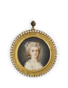 黛安·德·波利尼亚克（Diane de Polignac）小姐，穿着白色礼服，花朵和薄荷绿色的丝带，up着粉红色的头发，戴着珍珠项链和耳环（象牙色水彩画，镀金金属框架，有开明珠的边框） 作者 克劳德（Claude Jean Baptiste）（去）霍恩（Hoin）