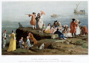 Joseph Vernet 和他的家人 - 19 世纪的复制品。 Vernet 于 1753 年绘制的马赛港景色的片段（卢浮宫博物馆）