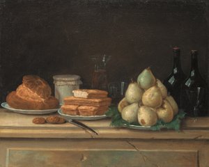 盘子里的梨和面包，石台上的酒瓶和酒杯（布面油画） 作者 克劳德·约瑟夫·弗赖肖特