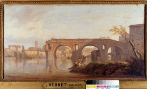 由 Joseph Vernet (1714-1789) 18 世纪 Sun 绘制的 Le Ponte Rotto a Rome 画作。 0,4x0,77 米。 作者 克劳德·约瑟夫·韦尔内