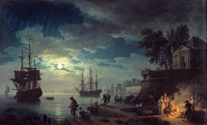 月光下钓鱼一个港口的夜景有人做篝火。约瑟夫·韦尔内特绘画 作者 克劳德·约瑟夫·韦尔内