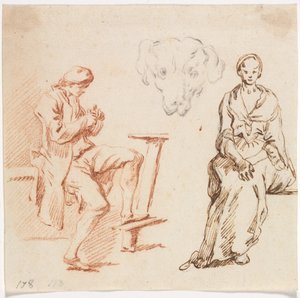 研究记录：坐着的男人，狗的头，坐着的女人，1700年代。 作者 克劳德·约瑟夫·韦尔内