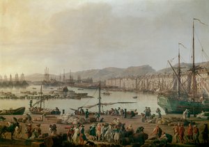 Toulon Detail 港口的景色，旧港口，从商店海岸拍摄的景色。 Joseph Vernet (1714-1789) 1756 年作画。巴黎，海洋博物馆 - 土伦海港景观。 细节。 Joseph Vernet (1714-1789) 作画，布面油画