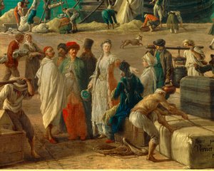 细节：18 世纪的马赛港“”代表货物卸货的细节。 Joseph Vernet (1714-1789) 18 世纪巴黎的绘画。 海洋博物馆 作者 克劳德·约瑟夫·韦尔内